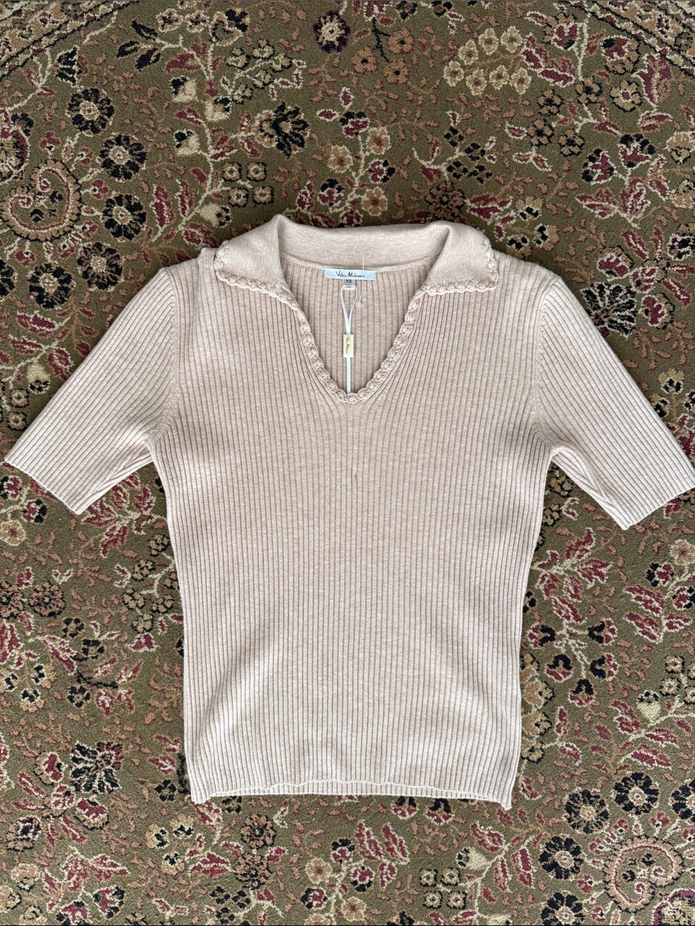 beige ribbed short-sleeve knit top